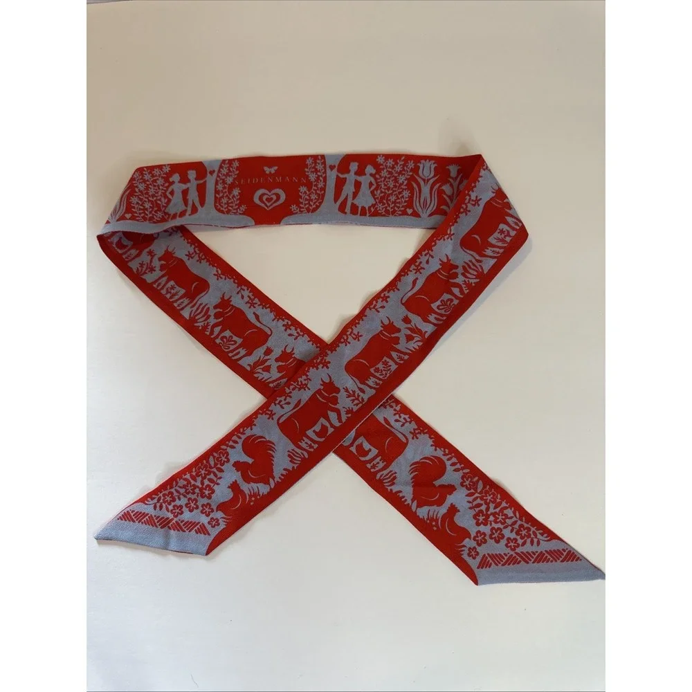 Seidenmann Swiss Silk Scarf - Red & Blue Folk Art Cow & Rooster Motif‎ Twilly